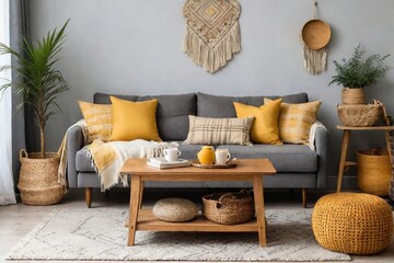 Stylish cozy boho living room interior design with freshly bright color tones. - obrazy, fototapety, plakaty