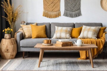 Stylish cozy boho living room interior design with freshly bright color tones.
