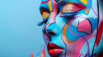 Woman with cosmic inspired creative makeup, colorful abstract art on face, avant-garde beauty and fashion illustration