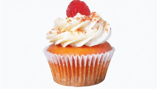 Creamy Vanilla Cupcake with Raspberry Topping on White Background