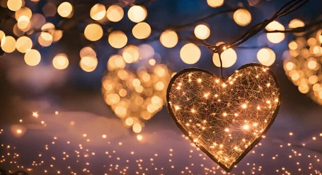 A heart-shaped constellation of fairy lights suspended in the darkness, forming a celestial and enchanting scene. This image might evoke the idea of gifts that bring light and joy into one's life, 
