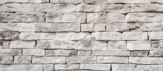 A detailed closeup of a grey brick wall showcasing the intricate pattern of rectangular bricks, creating a beautiful stone wall texture