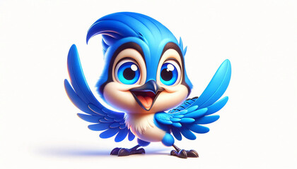 A cartoon character blue jay bird on a white background.
