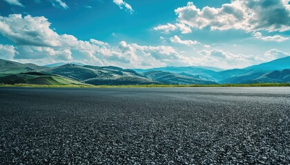 Beautiful asphalt road and blue sky with white clouds over green mountains in the spring season,...
