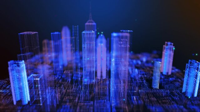 Flying through futuristic digital city,  color buildings with a particles network. Technology and connection concept. 
