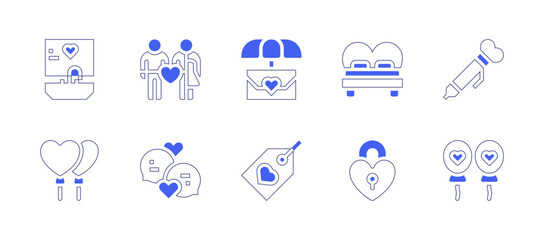 Valentine's Day icon set. Duotone style line stroke and bold. Vector illustration. Containing bed, padlock, letter, mirror, ballpoint, label, balloons, married, chat.