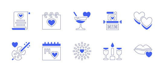 Valentine's Day icon set. Duotone style line stroke and bold. Vector illustration. Containing valentines day, love letter, gummies, cocktail, violin, kiss, fireworks, typewriter, romantic dinner.