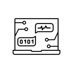 Vector icon of smart language conversation icon, Laptop icon, brain icon with code. Digital Innovation: Brain with AI Text, Laptop, and Code Outline Icon