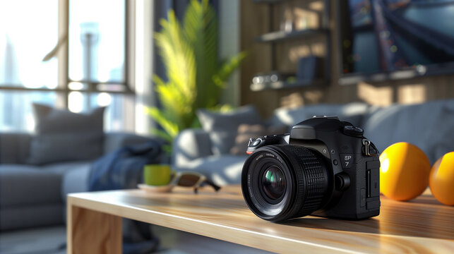 modern digital camera on a table professional photography concept