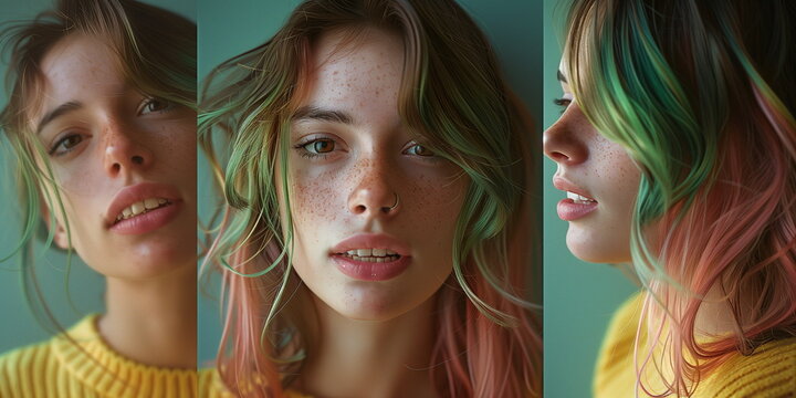 Young teenger girl with vivid colorful  red and green hair, 
 freckles, close up portrait, youth, face, different angles
