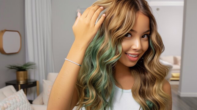 Young teenger girl showing her dyed hair, colorful green, portrait, haircare, happy