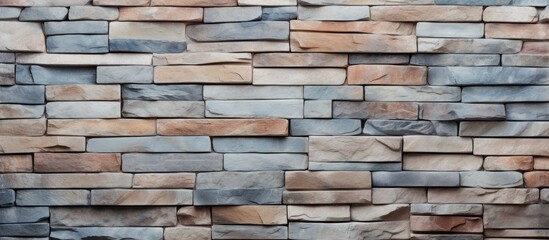 Obraz premium A closeup of a brick wall featuring various types of bricks including brown, hardwood, and composite materials. The bricks are arranged in a rectangular brickwork pattern