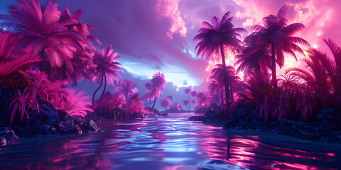 Magical wavy ocean with neon palm forest at sunset an unrealistic and beautiful 3d Illustration of a fantasy landscape background and wallpaper Psychedelic Neon Landscape     