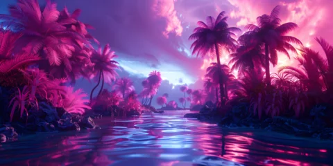 Tischdecke Magical wavy ocean with neon palm forest at sunset an unrealistic and beautiful 3d Illustration of a fantasy landscape background and wallpaper Psychedelic Neon Landscape      ©  Eman 