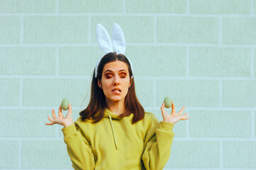 Woman Trying to Keep Calm During Easter Time. Stressed party organizer fining inner peace before...