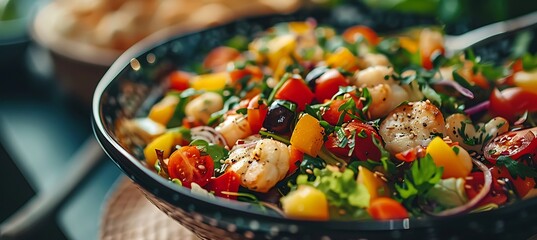 Close up on a bowl of fresh colorful salad showcasing the role of nutrition in overall wellness and...