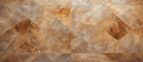 A closeup of a tile floor with a geometric pattern in brown, amber, wood, beige, peach, and fur...