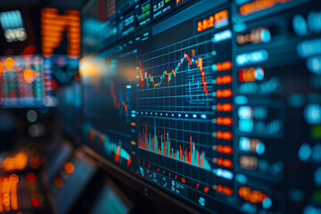 Obraz premium Stock market data displayed on a large screen, during a busy day at the stock exchange.