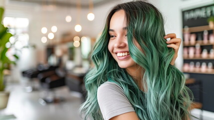 Young teenger girl showing her dyed hair, colorful green, portrait, haircare, happy