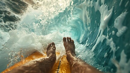 Detailed shot of a surfers feet on the surfboard balancing against the force of a wave illustrating the connection with nature
