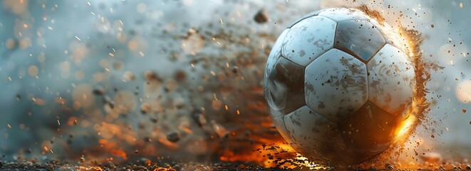 Close up of a soccer ball at the moment of a powerful kick off capturing the energy and...