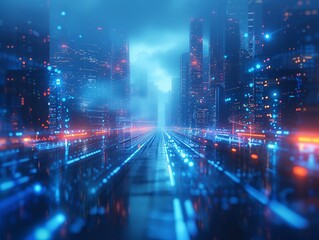 Blur image to use as background of The cityscape comes alive at night with a cybernetic glow, lights and reflections create a sense of futuristic vibrancy.