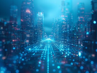 Blur image to use as background of The cityscape comes alive at night with a cybernetic glow, lights and reflections create a sense of futuristic vibrancy.