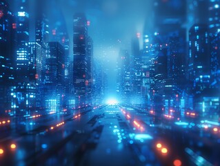 Blur image to use as background of The cityscape comes alive at night with a cybernetic glow, lights and reflections create a sense of futuristic vibrancy.