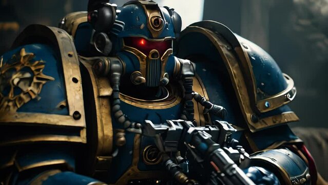 A heavily armored space marine wearing metallic armor and helmet. The intricately crafted armor conveys a strong image of a futuristic warrior.
