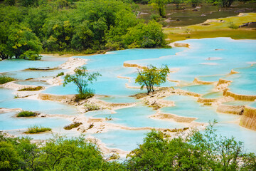 The beautiful scenery of Huanglong Yaochi in rainy season in Sichuan, China