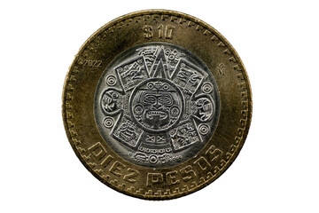 Moneda de 10 pesos mexicana con el calendario azteca 2022