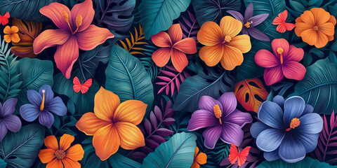 Fototapeta premium Very colorful floral background with lof of flowers and leaves, generative ai