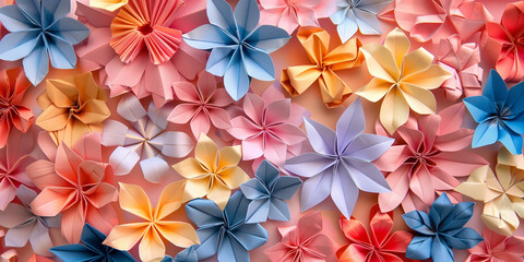 origami style paper craft floral background with very colorful flowers, can be used for graphic background Generative ai 