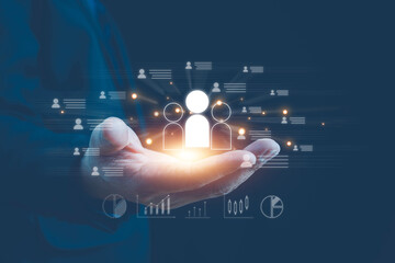 Customer care, care for employees, Customer Relationship Management, Businessman holding icon human...