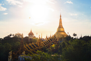 Shwedagon Pagoda, Burmese temples of Bagan City, unesco world heritage, Yangon, Myanmar or Burma. Tourist destination. - obrazy, fototapety, plakaty