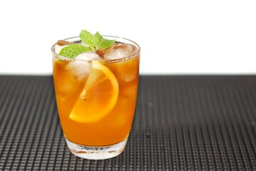 Americano ice coffee and coffee beans spread in white background with isolated picture style.