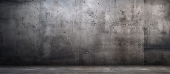A monochrome photography of an empty room with a grey concrete wall and floor. The darkness creates tints and shades on the rectangle of the road surface