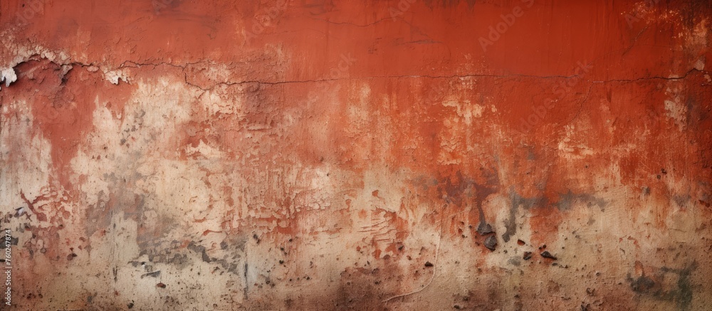 Poster an artistic close up of a red and white wall with peeling paint resembling a natural landscape with 