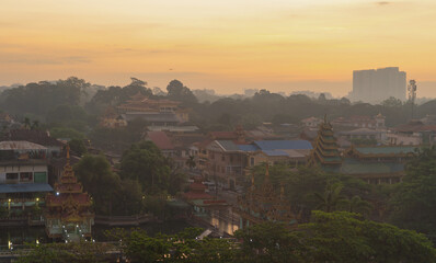 Aerial top view of Yangon urban city town, Myanmar or Burma. Tourist destination.