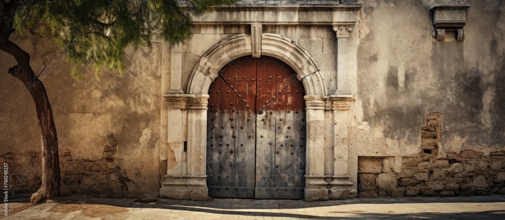 Wall mural An ancient building with a wooden door stands tall, flanked by a majestic tree. The facade showcases medieval architecture, embodying history and symmetry