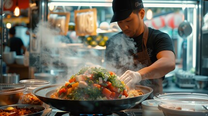 Chef Preparing Fresh Vegetables Stir Fry. Chef in action at a street food stand, expertly stir-frying a colorful mix of fresh vegetables in a large pan. - obrazy, fototapety, plakaty
