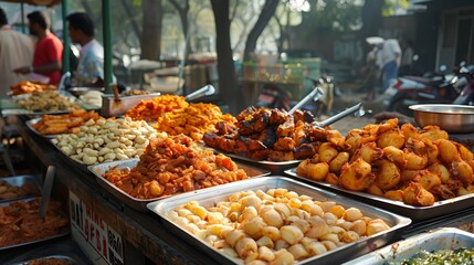 Street Vendor Displaying Indian Snacks. Street vendor in a bustling Indian market displaying a variety of fried snacks and savory treats on a sunny day. - obrazy, fototapety, plakaty