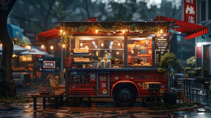 Charming Food Truck Illuminates Evening Market. Quaint red food truck adorned with festive lights...