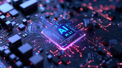 On top of a sophisticated chip, there is a hologram consisting of two letters "AI"