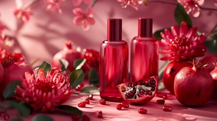 Obraz na płótnie Canvas Red cosmetic bottles with pomegranates