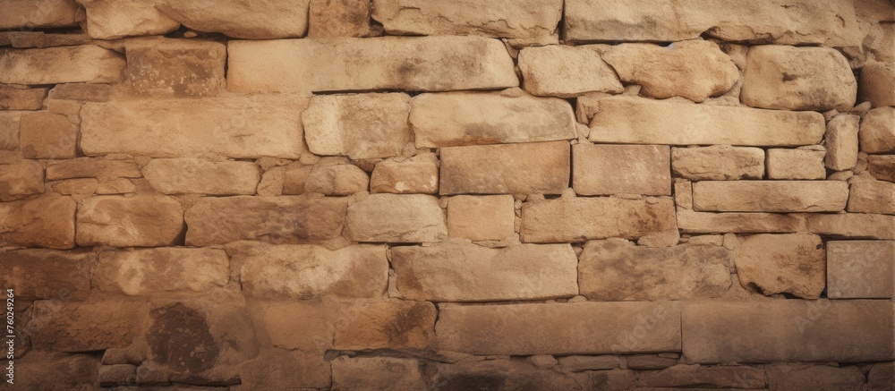 Poster a detailed closeup shot of a beige brick wall with rectangular bricks displaying intricate brickwork