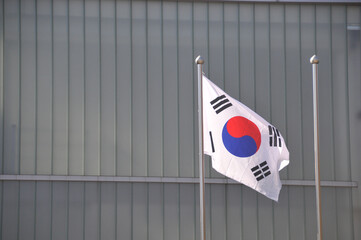 Korean National flag  Taegeukgi flies in front of the building in the park in Autumn
