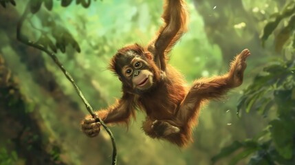 A baby orangutan swinging from branch to branch in the jungle canopy - obrazy, fototapety, plakaty
