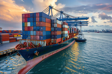 A cargo ship carrying containers at sea, with a vast expanse of water and clear blue sky in the...