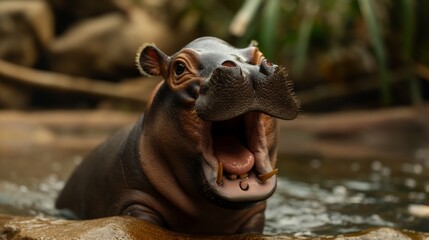 A chubby baby hippo with a wide grin and tiny ears